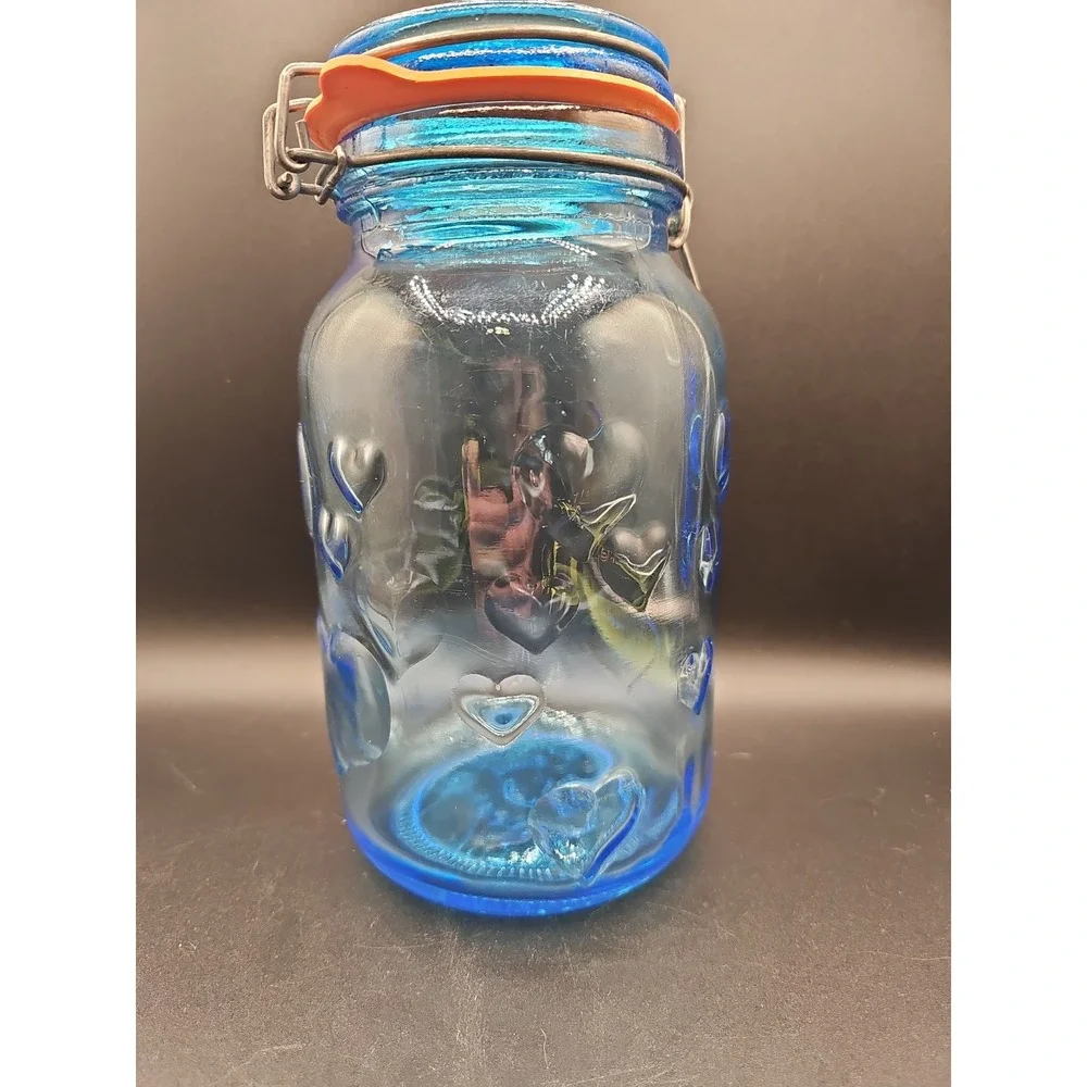 Vintage Blue Glass Storage Jar Hearts Crownford Giftware Corp  9in Tall  002